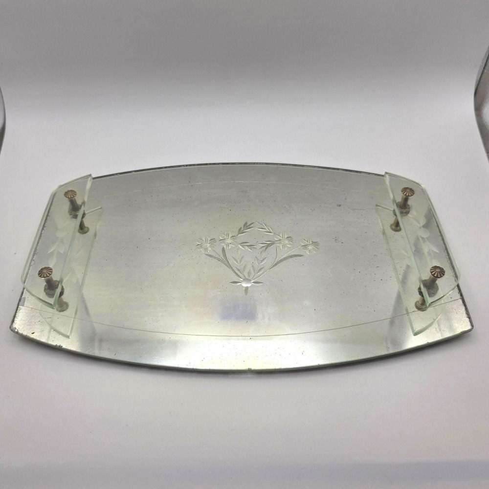 Vintage Art Deco Mirrored Vanity Tray Etched Floral Glass Handles Rosette Detail